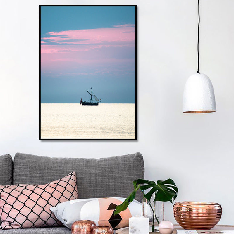 Photo Sunset Ocean Sailboat Canvas Art Minimalist Picturesque Seascape Wall Decor in Soft Color