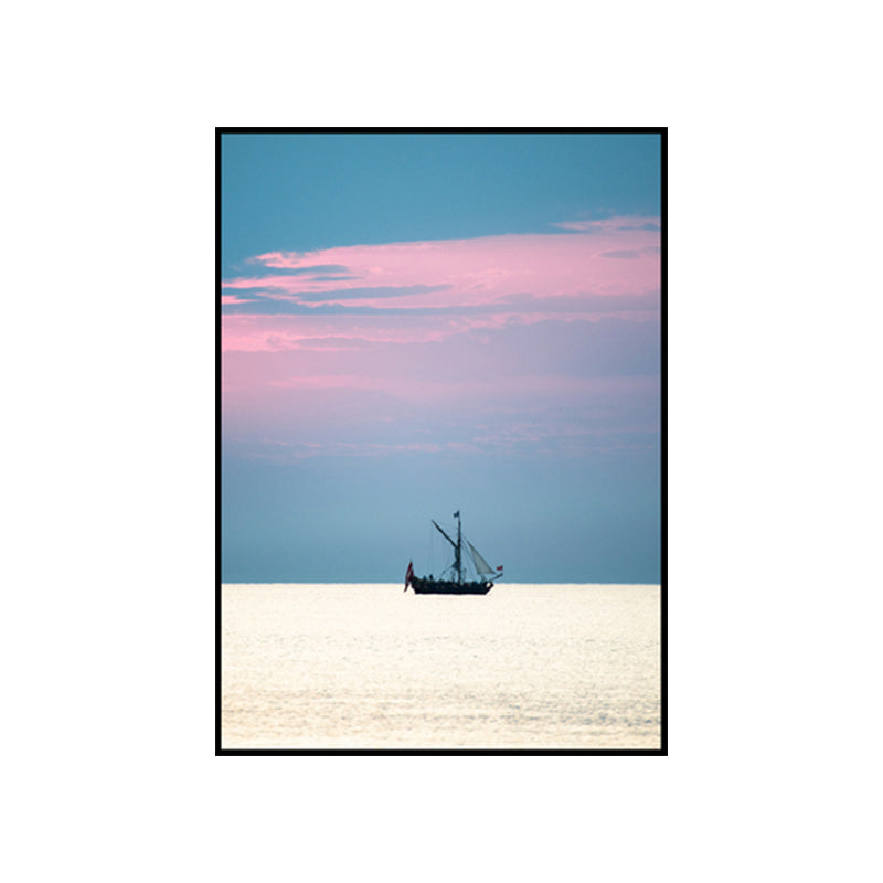 Photo Sunset Ocean Sailboat Canvas Art Minimalist Picturesque Seascape Wall Decor in Soft Color