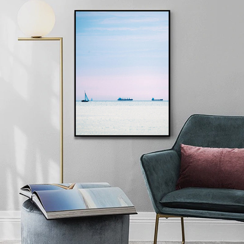 Photo Sunset Ocean Sailboat Canvas Art Minimalist Picturesque Seascape Wall Decor in Soft Color