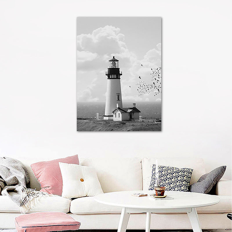Gray Lighthouse Scene Painting Textured Vintage Style Dining Room Canvas Wall Art