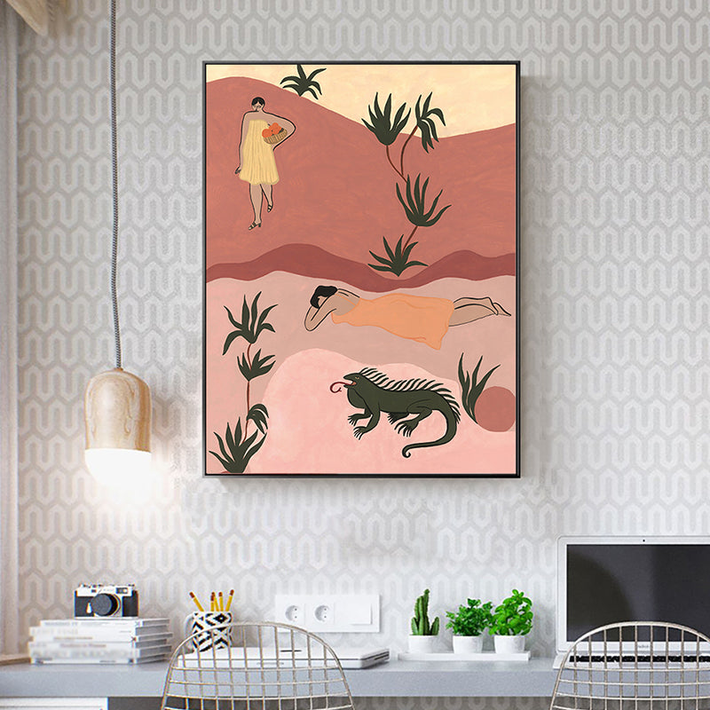 Illustration Beauty and Beast Canvas Pink Nordic Wall Art Print for House Interior