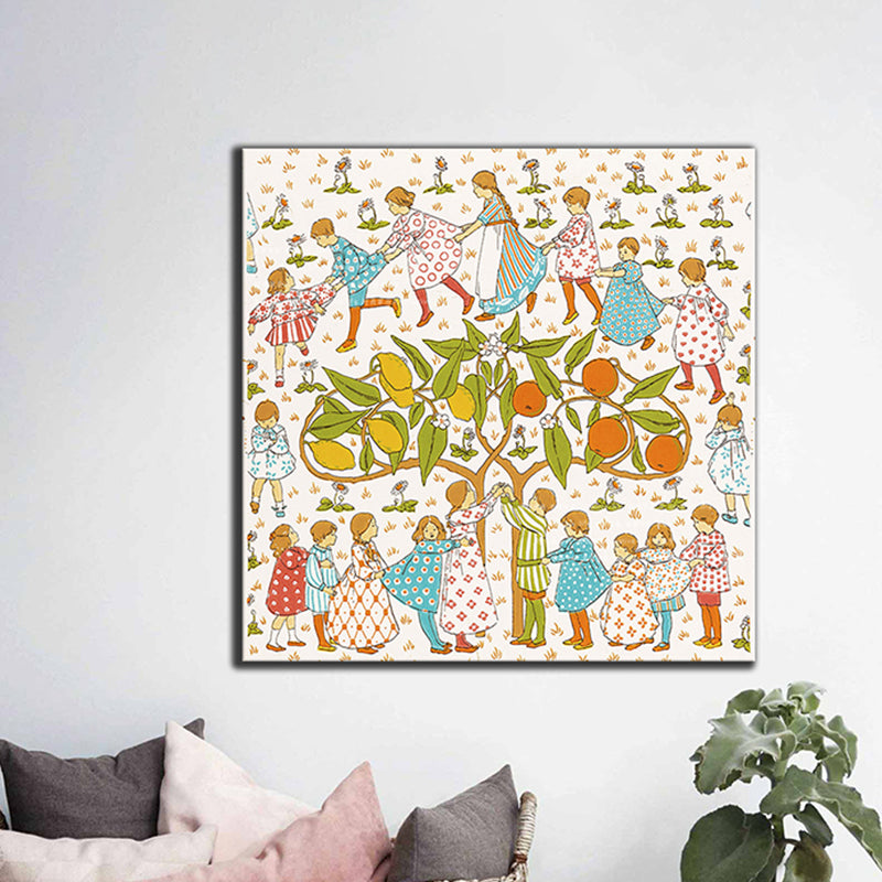 Kids Around Tree Wall Art Nordic Style Entertainment Canvas Print in Yellow for Gallery