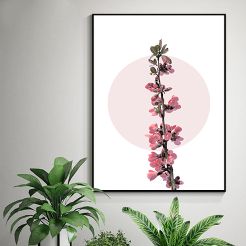 Flower Branch Canvas Print Modern Beautiful Blossom Wall Art Decor in Pink on White