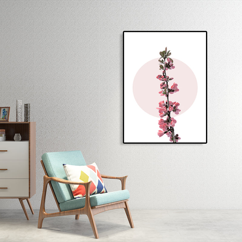 Flower Branch Canvas Print Modern Beautiful Blossom Wall Art Decor in Pink on White