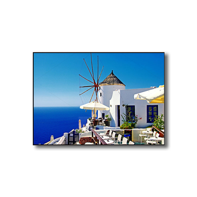 Mediterranean Balcony Seascape Canvas Art Contemporary Textured Wall Decor in Blue