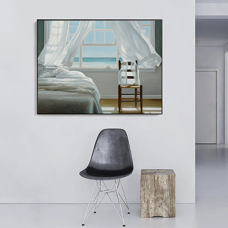 Seashore House Interior View Canvas Blue Nordic Style Wall Art Print for Bedroom