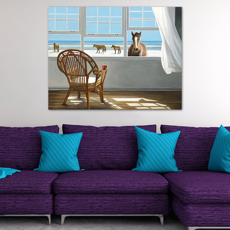 Seashore House Interior View Canvas Blue Nordic Style Wall Art Print for Bedroom