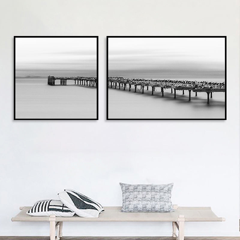 Modern Sea Bridge Wall Art Light Color Photographs Scenery Canvas Print for Room