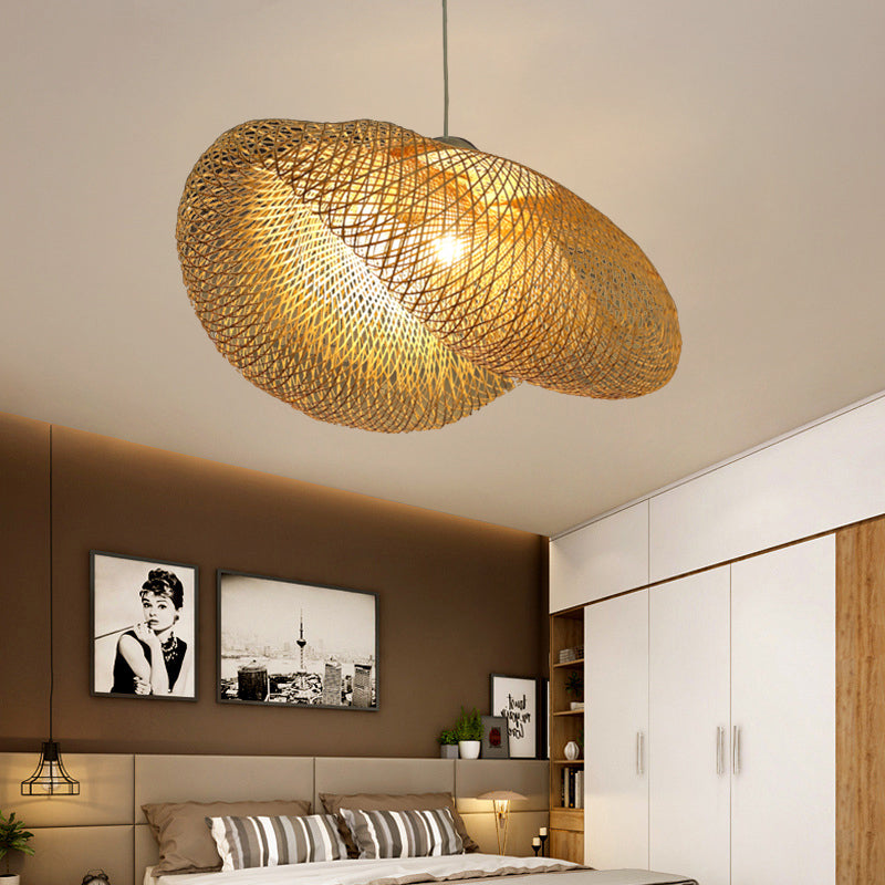 Asian Style Hat Shaped Hanging Pendant Rattan 1 Light Ceiling Hanging Lamp over Dining Table