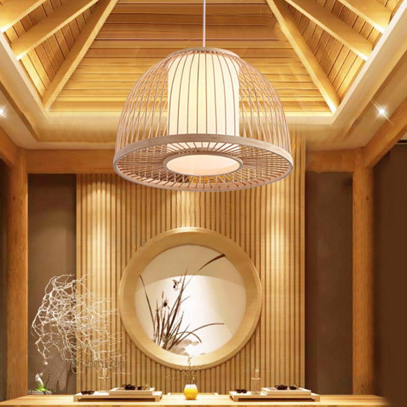 Modernism Domed Pendant Lamp Bamboo 1 Light Indoor Hanging Ceiling Light with Inner Cylinder Shade in Beige, 12"/14" W