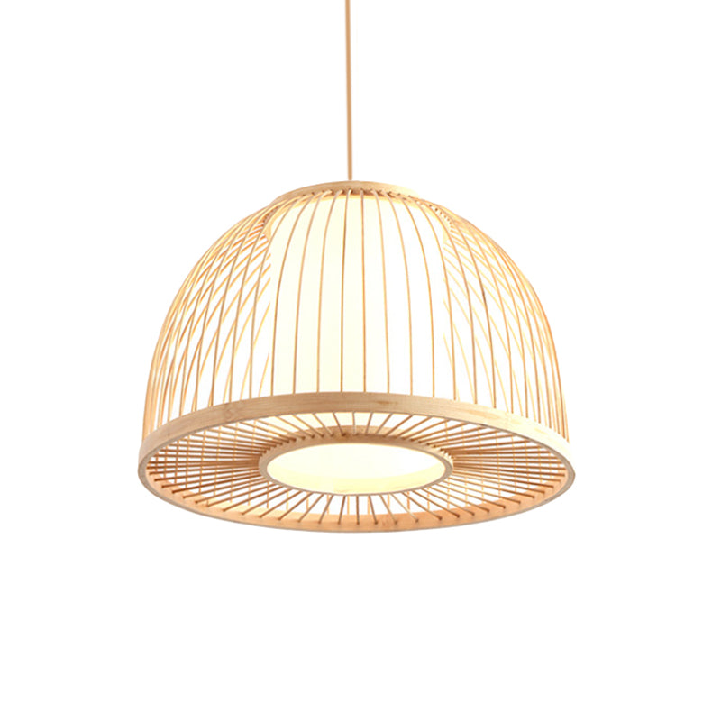 Modernism Domed Pendant Lamp Bamboo 1 Light Indoor Hanging Ceiling Light with Inner Cylinder Shade in Beige, 12"/14" W