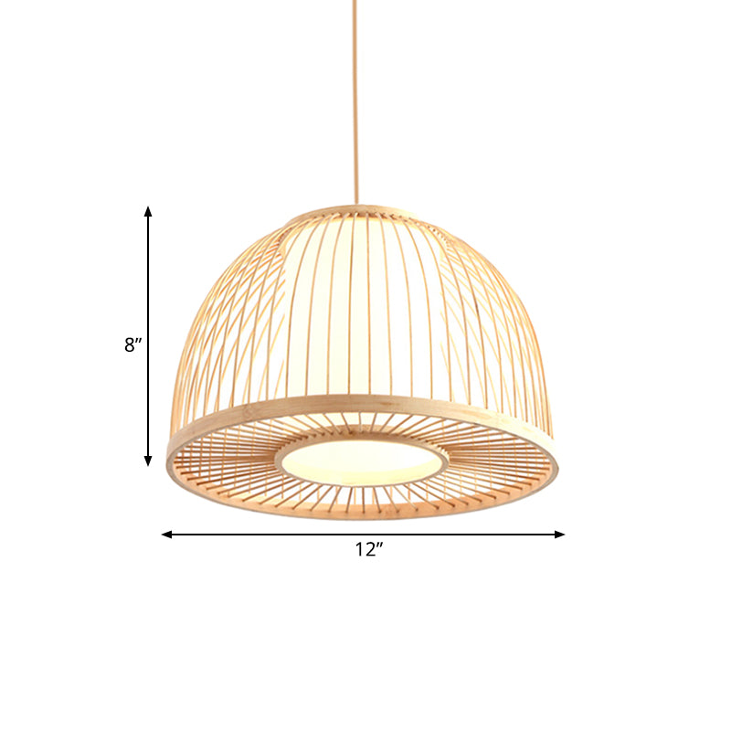 Modernism Domed Pendant Lamp Bamboo 1 Light Indoor Hanging Ceiling Light with Inner Cylinder Shade in Beige, 12"/14" W