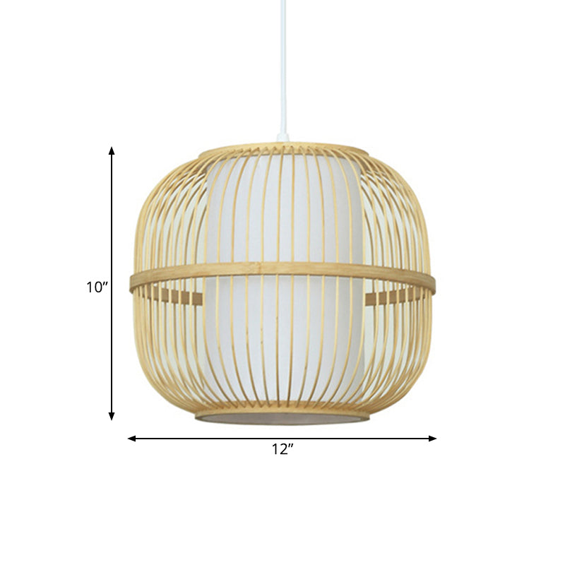 Beige Oblong Ceiling Fixture Contemporary Style 1-Light Bamboo Pendant Lamp with Inner Cylindrical Shade