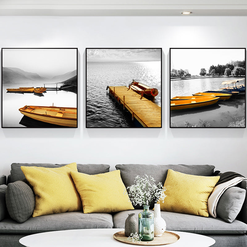 Photo Print Boats Wall Art Set Brown and Grey Modern Style Canvas for Family Room