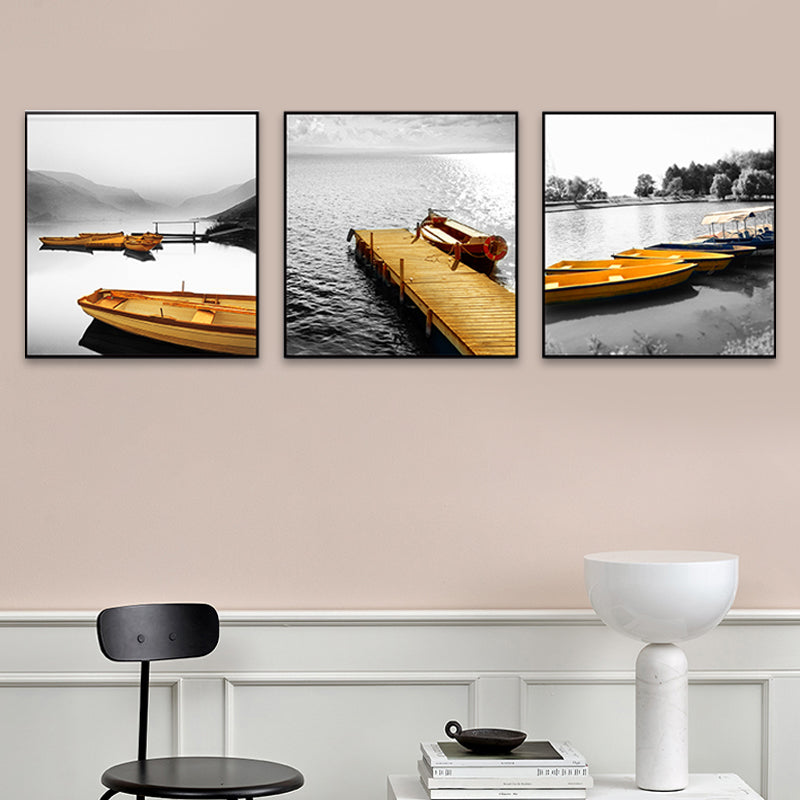 Photo Print Boats Wall Art Set Brown and Grey Modern Style Canvas for Family Room