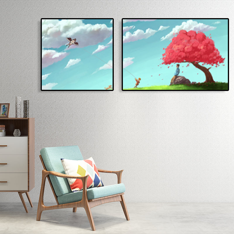 Painting Outings Canvas Print Cartoon Multi-Piece Wall Art in Soft Color for Kids Room