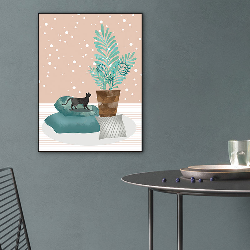 Potting and Cat Canvas Print Textured Scandinavian Bedroom Wall Art in Soft Color