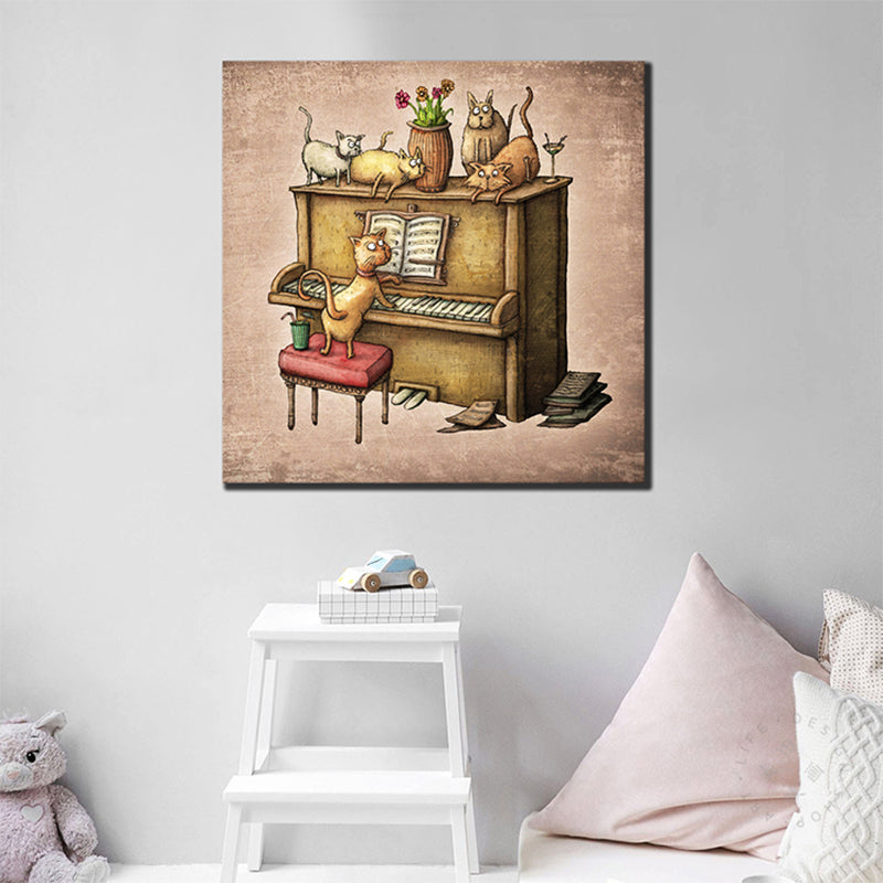 Cats and Piano Wall Decor Contemporary Art Style Canvas Textured Painting in Brown