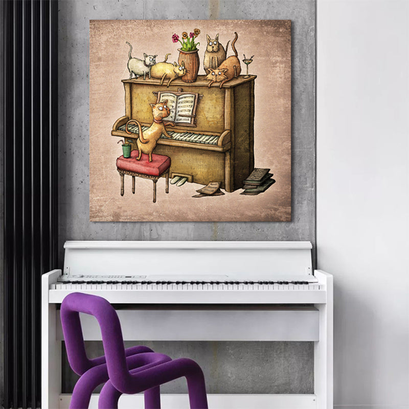 Cats and Piano Wall Decor Contemporary Art Style Canvas Textured Painting in Brown