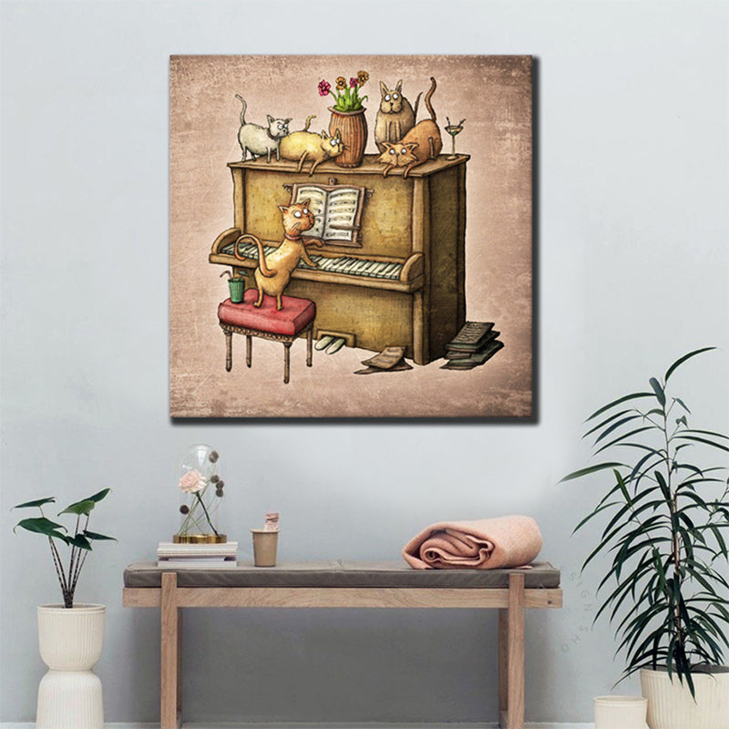 Cats and Piano Wall Decor Contemporary Art Style Canvas Textured Painting in Brown