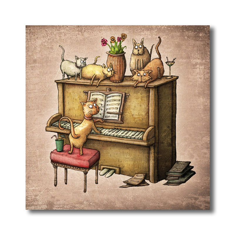 Cats and Piano Wall Decor Contemporary Art Style Canvas Textured Painting in Brown