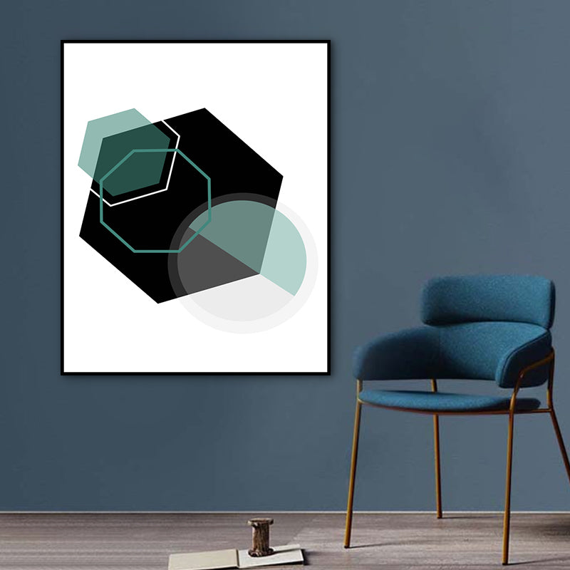 Modern Geometry Polygon Canvas Art Black and Green Textured Wall Decor for Bedroom