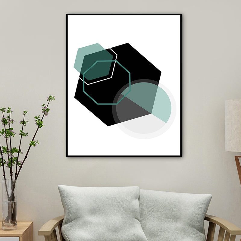 Modern Geometry Polygon Canvas Art Black and Green Textured Wall Decor for Bedroom