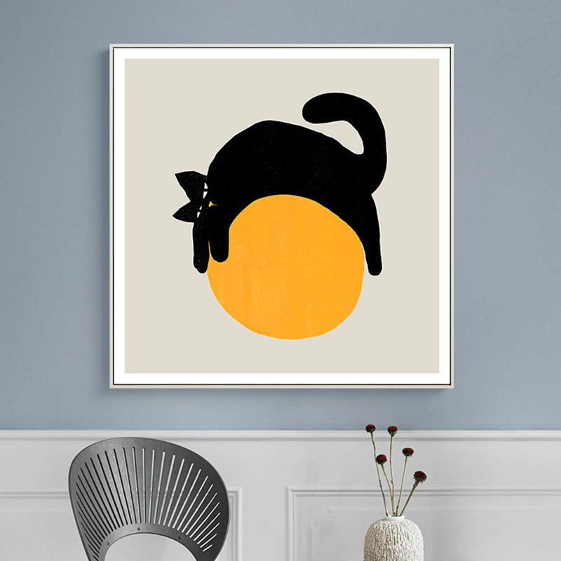 Cat on the Ball Canvas Print Nordic Style Textured Childrens Bedroom Wall Art in Yellow