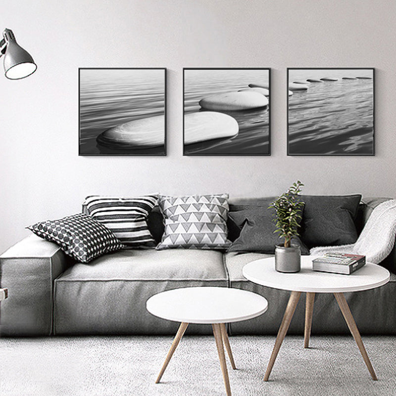 Seaside Oval Stone Scene Painting Light Color Modern Wrapped Canvas for Living Room