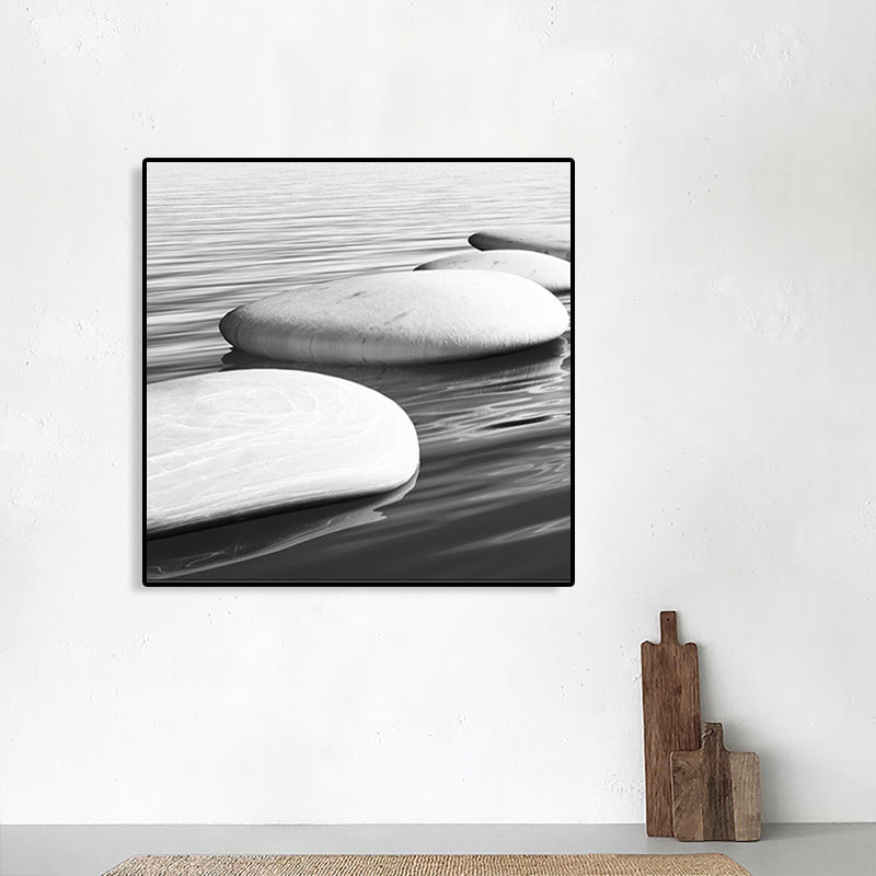 Seaside Oval Stone Scene Painting Light Color Modern Wrapped Canvas for Living Room