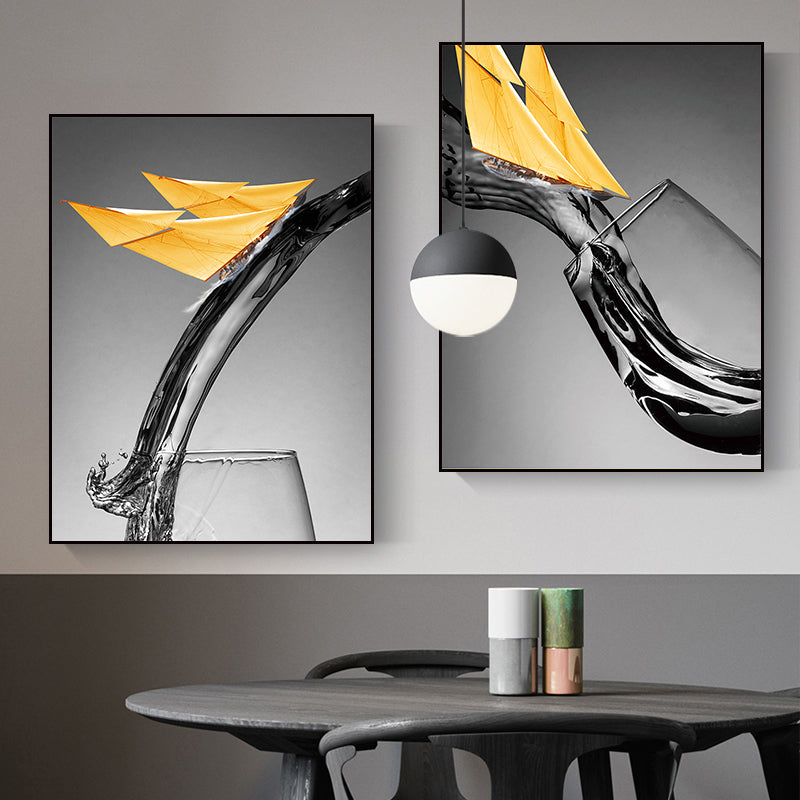 Dark Color Modern Canvas Mixed Media Paper Boat and Wine Glass Wall Art for Dining Room