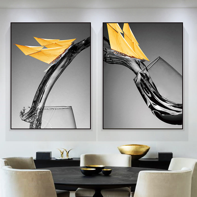 Dark Color Modern Canvas Mixed Media Paper Boat and Wine Glass Wall Art for Dining Room