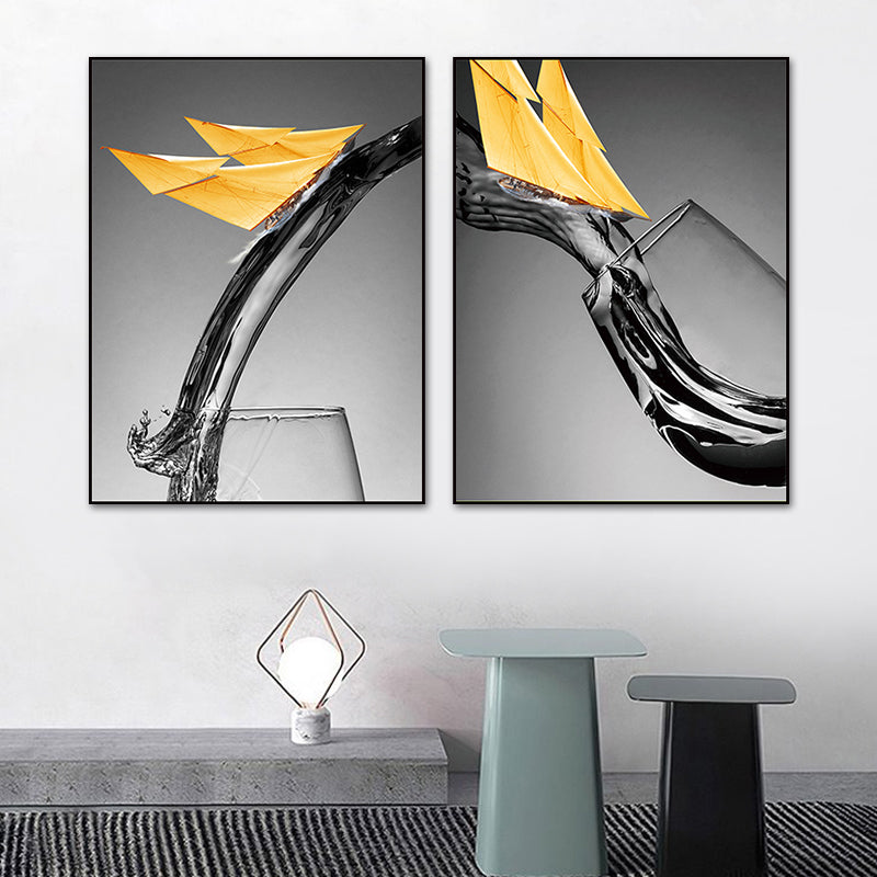 Dark Color Modern Canvas Mixed Media Paper Boat and Wine Glass Wall Art for Dining Room