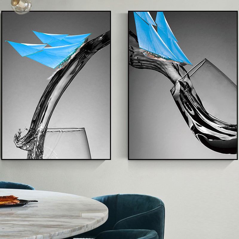 Dark Color Modern Canvas Mixed Media Paper Boat and Wine Glass Wall Art for Dining Room