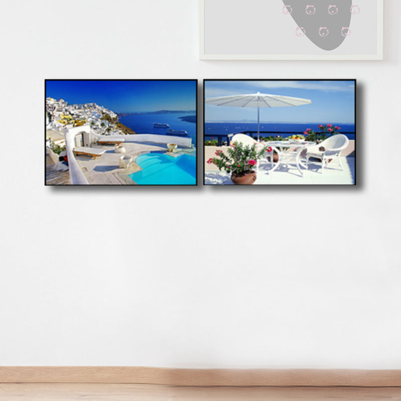 Terrace with Sea View Canvas Bedroom Photo Seascape Wall Art Print in Blue, Set of 2