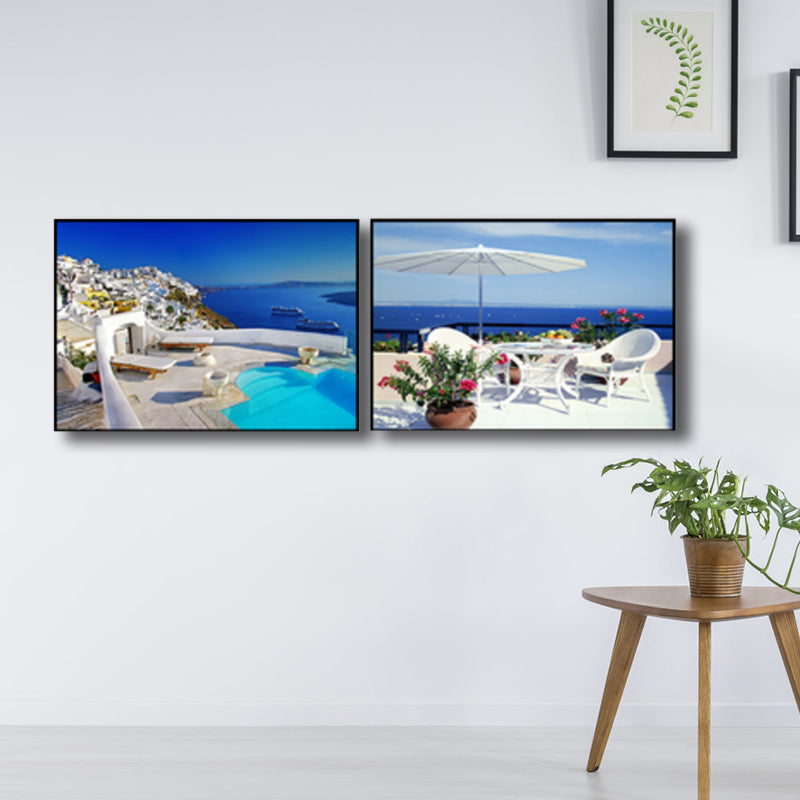 Terrace with Sea View Canvas Bedroom Photo Seascape Wall Art Print in Blue, Set of 2