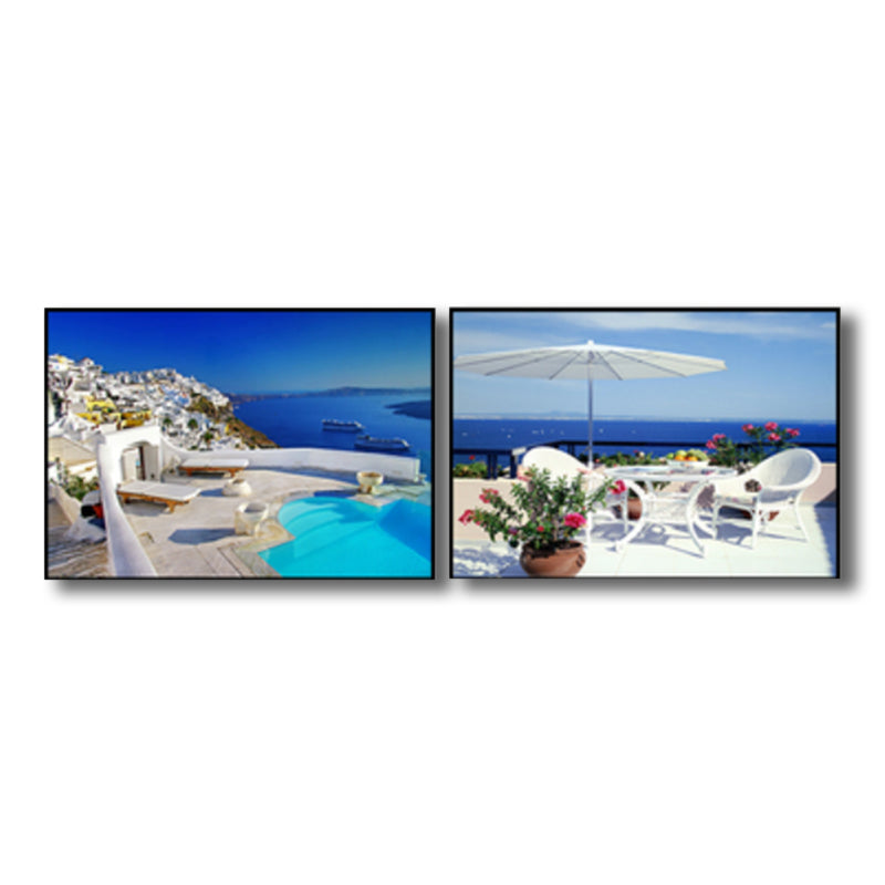 Terrace with Sea View Canvas Bedroom Photo Seascape Wall Art Print in Blue, Set of 2