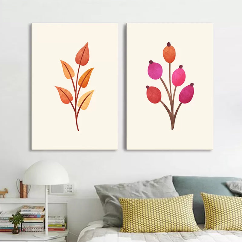 Diverting Leaves Canvas Wall Art Scandinavian Botanical Painting in Pastel Color