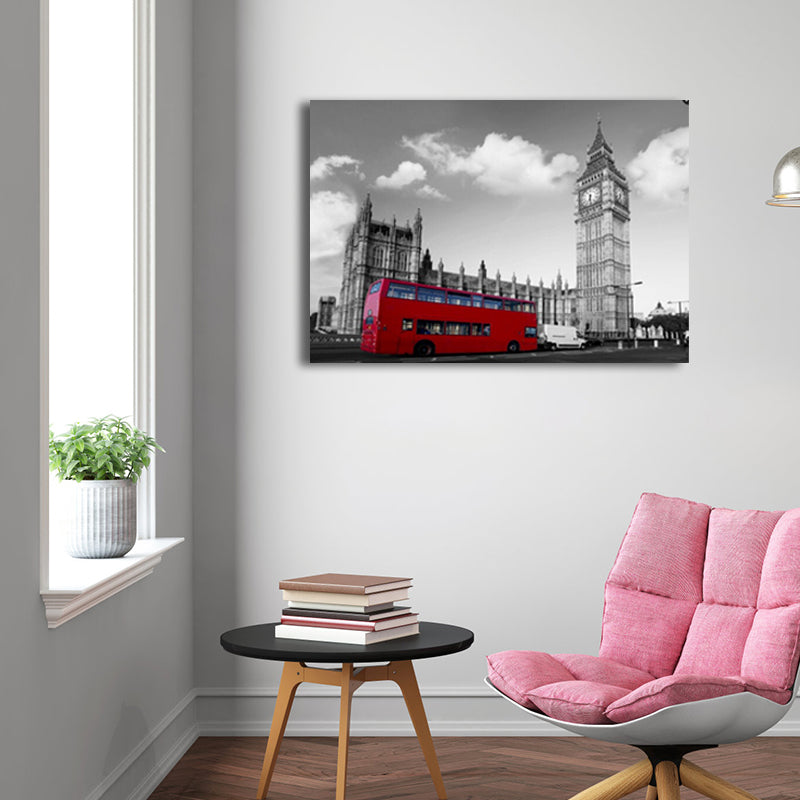 Global Inspired Big Ben Canvas Red and Grey Textured Wall Art Print for Living Room