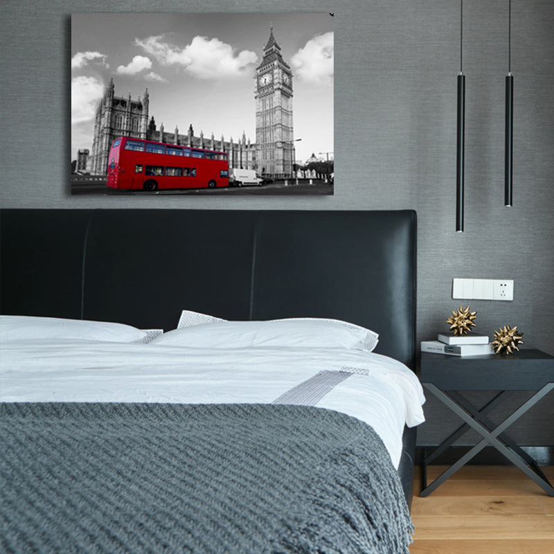 Global Inspired Big Ben Canvas Red and Grey Textured Wall Art Print for Living Room