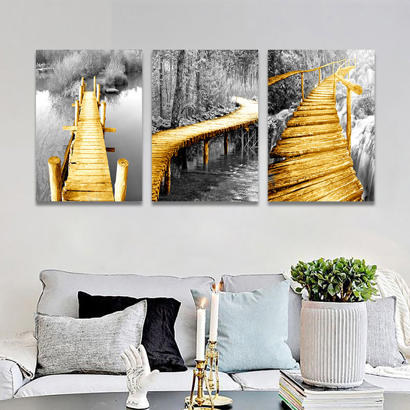 Yellow Photo Wooden Bridge Art Print Scenery Modern Textured Canvas for Sitting Room