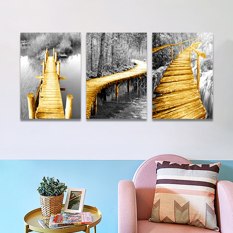 Yellow Photo Wooden Bridge Art Print Scenery Modern Textured Canvas for Sitting Room