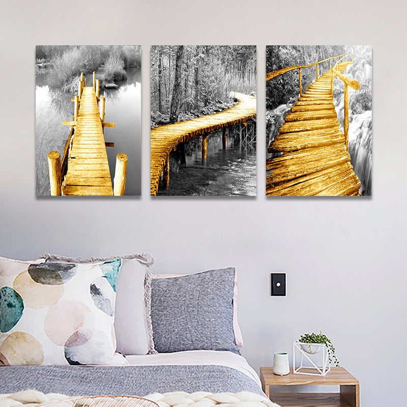 Yellow Photo Wooden Bridge Art Print Scenery Modern Textured Canvas for Sitting Room