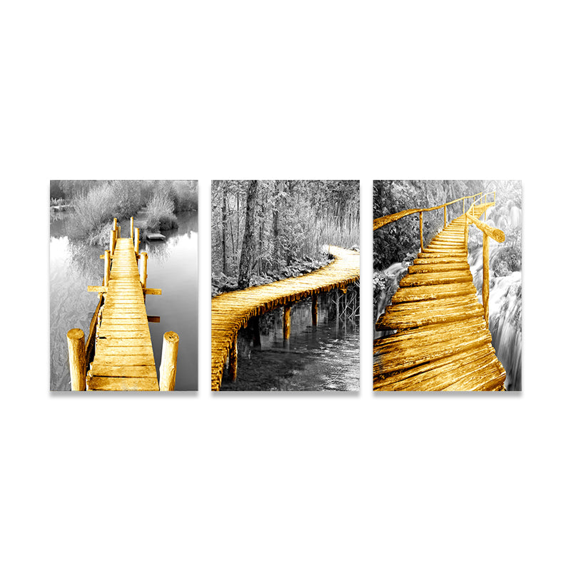 Yellow Photo Wooden Bridge Art Print Scenery Modern Textured Canvas for Sitting Room