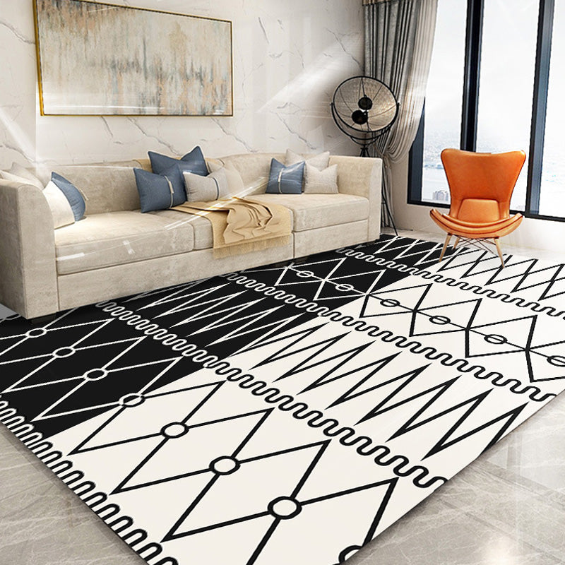 Alfombra de patrón geométrico retro alfombra en blanco y negro alfombra del suroeste poliéster fábrica con respaldo no deslizante alfombra lavable para sala de estar para sala de estar
