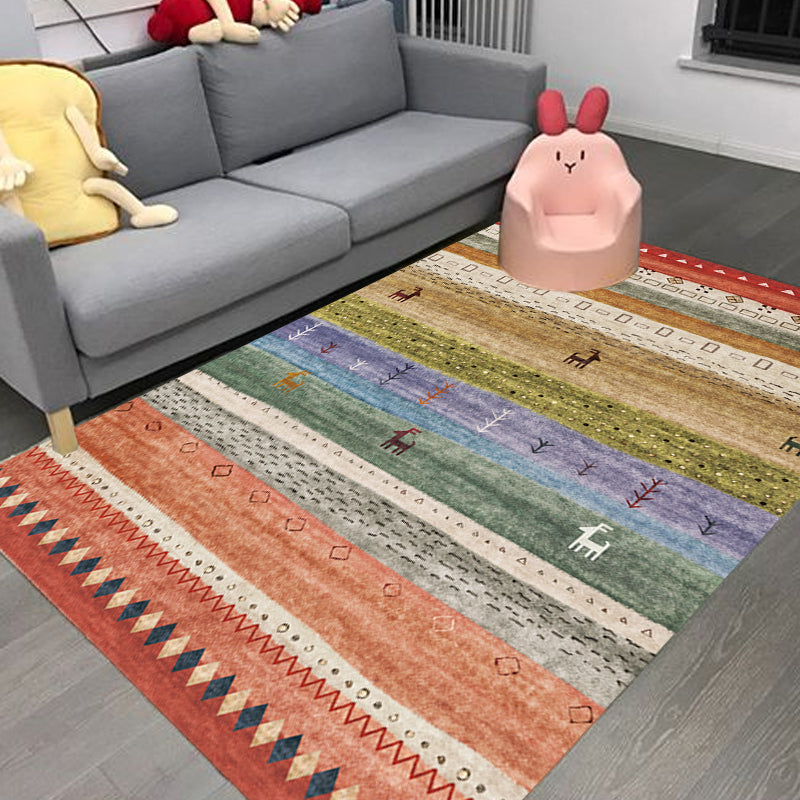 Bohemian Tribal Striped Pattern Rug Multicolor Polyester Rug Machine Washable Non-Slip Backing Area Rug for Living Room