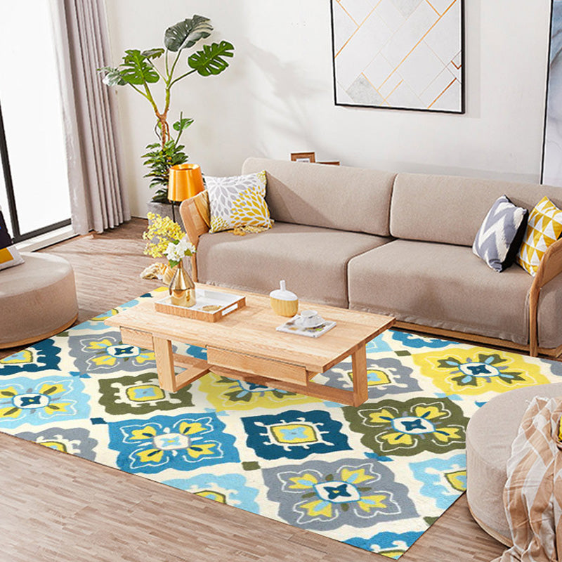 Retro Azulejo Pattern Rug Multicolor Polyester Rug Washable Pet Friendly Anti-Slip Carpet for Living Room