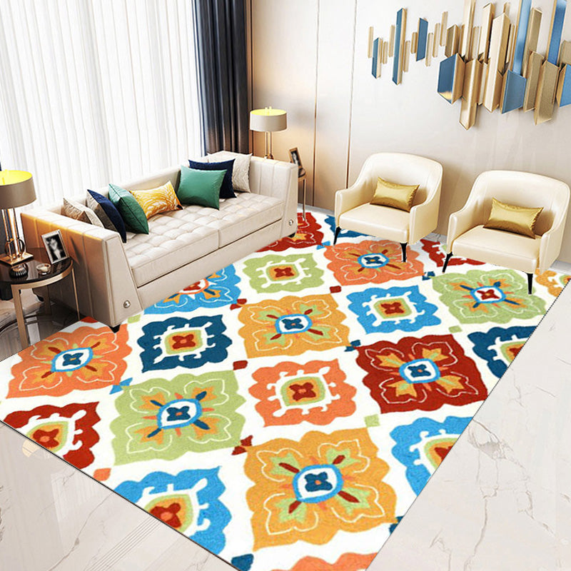 Retro Azulejo Pattern Rug Multicolor Polyester Rug Washable Pet Friendly Anti-Slip Carpet for Living Room