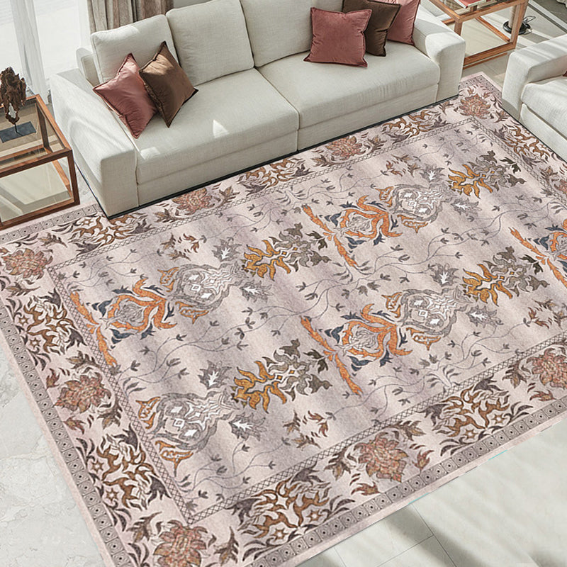 Pink Shabby Chic Rug Polyester Tribal Flower Pattern Rug Pet Friendly Washable Anti-Slip Backing Carpet for Decoration