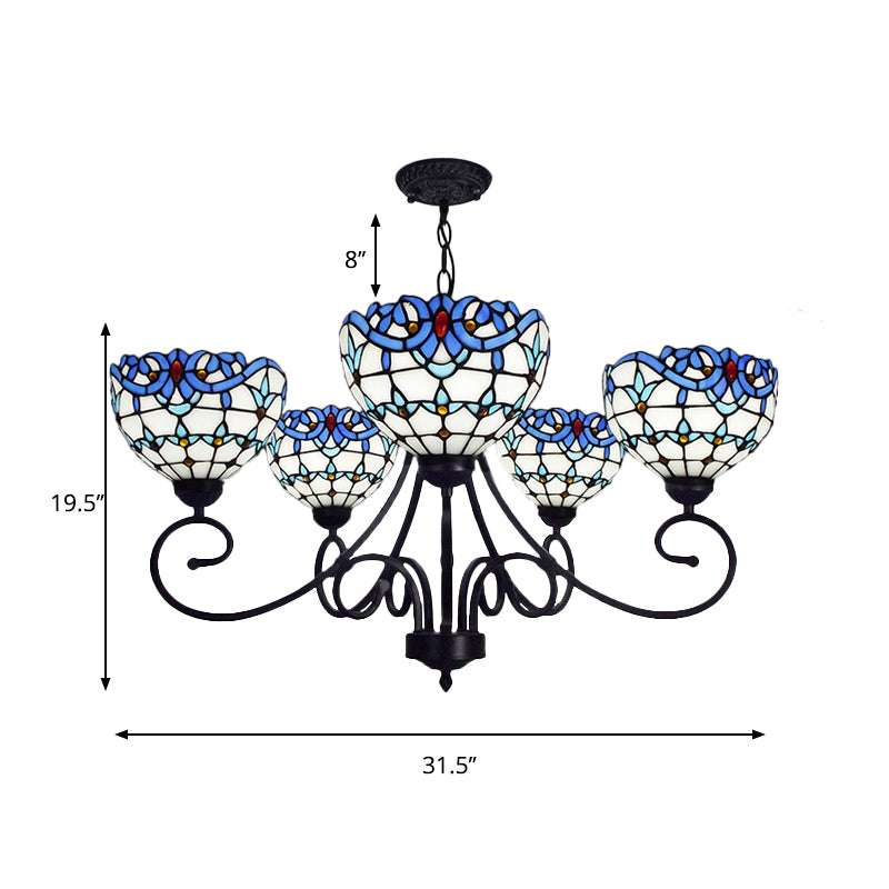 Luz de colgante de tazón victoriano 5 luces lámpara de vástago de vidrio manchado en azul para Foyer